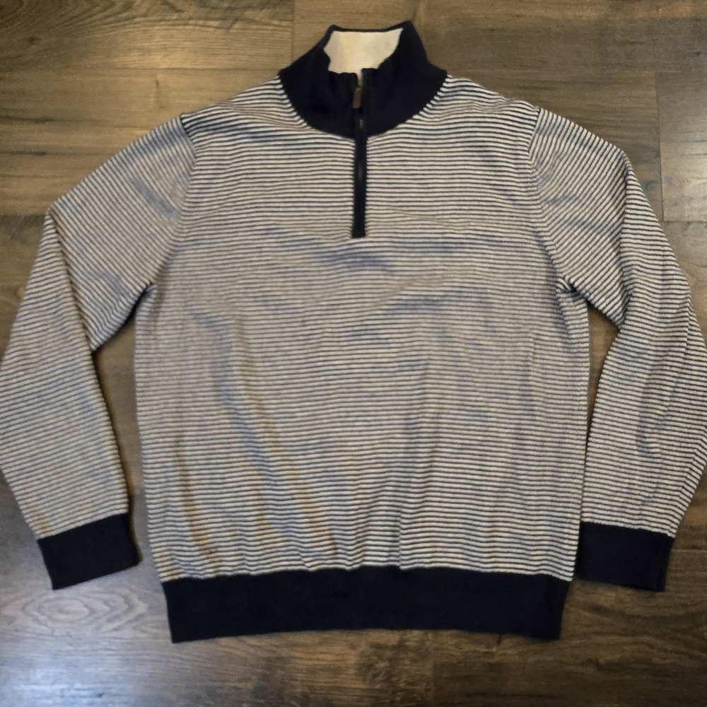 J.Crew Mens Half‎ Zip Sweater L Blue White Stripe 100% Cotton Preppy